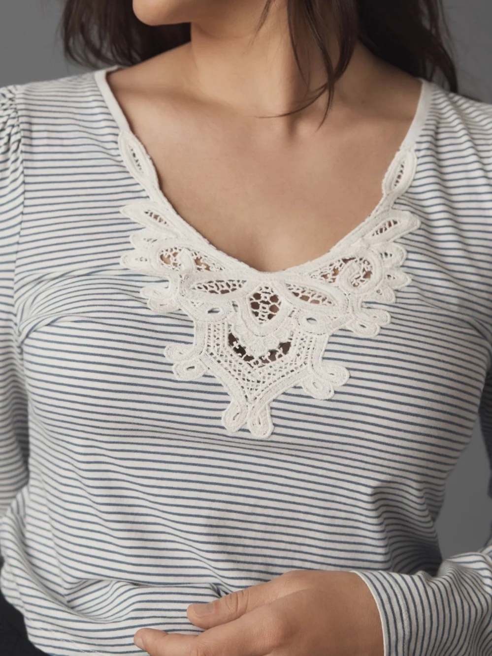 ANTHROPOLOGIE MAEVE Lace Detail Puff-Shoulder Long-Sleeve Knit Top Blue Stripe